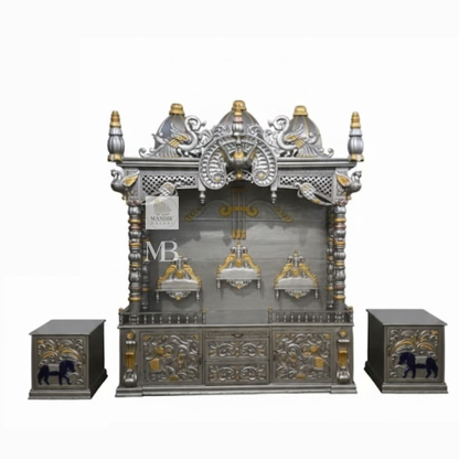 Luxury silver and gold hand carved wooden pooja mandir with ornate crown, decorative pillars, storage drawers and matching side cabinets
