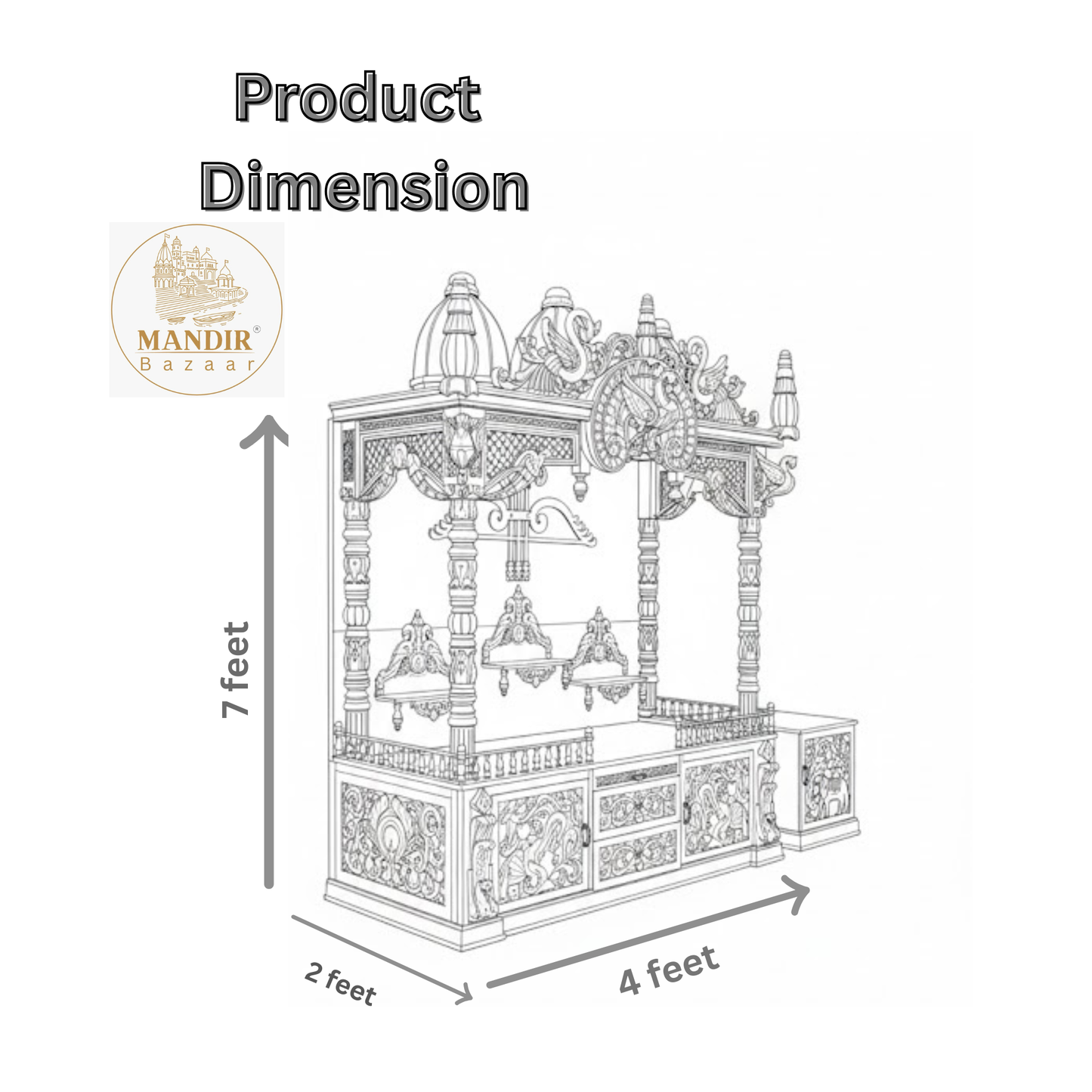 Luxury silver and gold hand carved wooden pooja mandir with ornate crown, decorative pillars, storage drawers and matching side cabinets