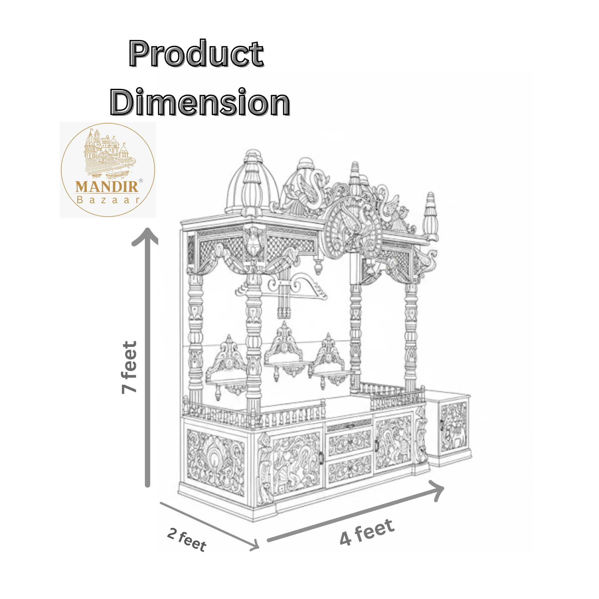 Luxury silver and gold hand carved wooden pooja mandir with ornate crown, decorative pillars, storage drawers and matching side cabinets