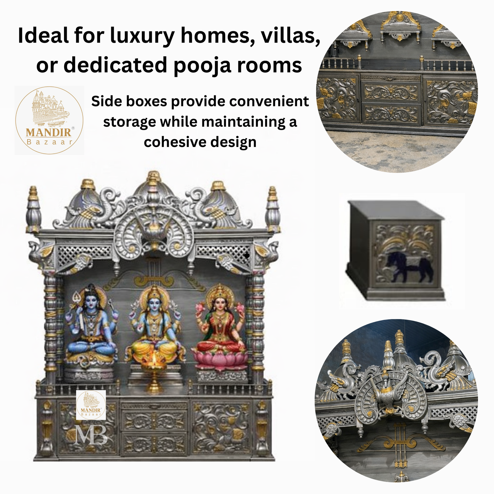 Luxury silver and gold hand carved wooden pooja mandir with ornate crown, decorative pillars, storage drawers and matching side cabinets