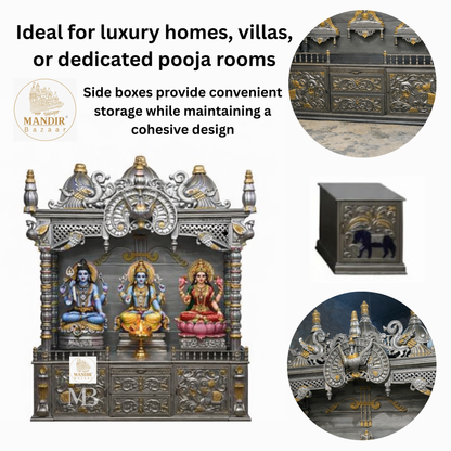 Luxury silver and gold hand carved wooden pooja mandir with ornate crown, decorative pillars, storage drawers and matching side cabinets