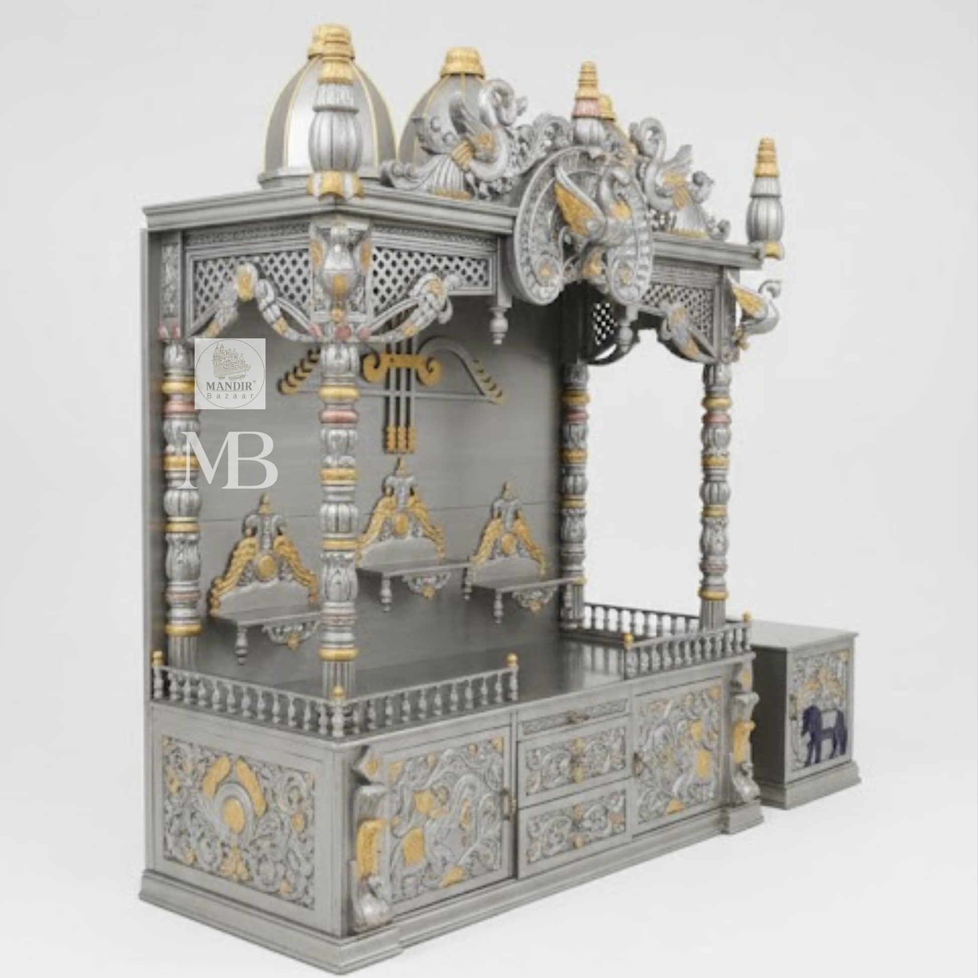 Luxury silver and gold hand carved wooden pooja mandir with ornate crown, decorative pillars, storage drawers and matching side cabinets