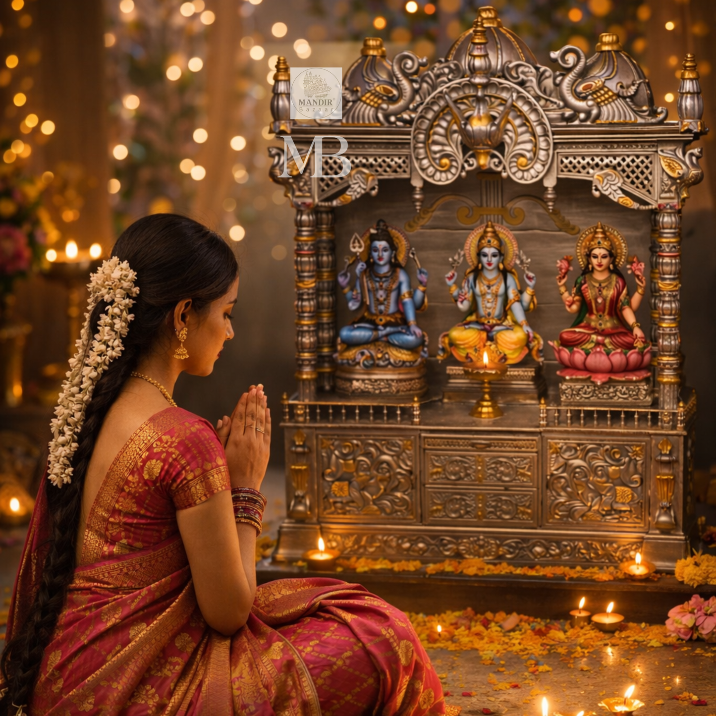 Luxury silver and gold hand carved wooden pooja mandir with ornate crown, decorative pillars, storage drawers and matching side cabinets