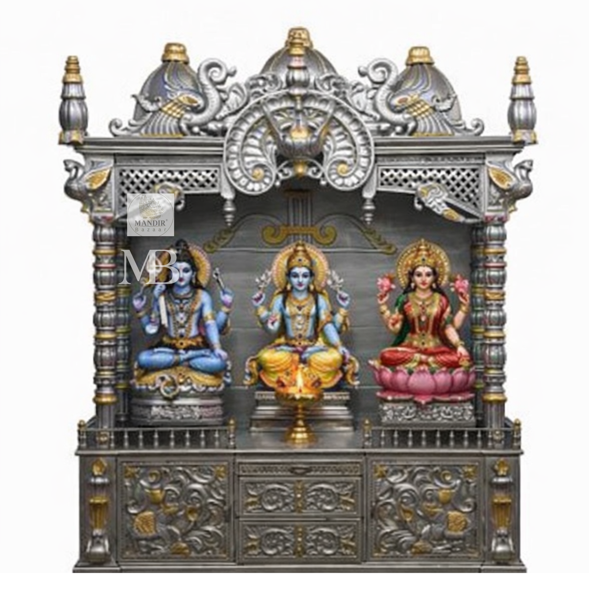 Luxury silver and gold hand carved wooden pooja mandir with ornate crown, decorative pillars, storage drawers and matching side cabinets