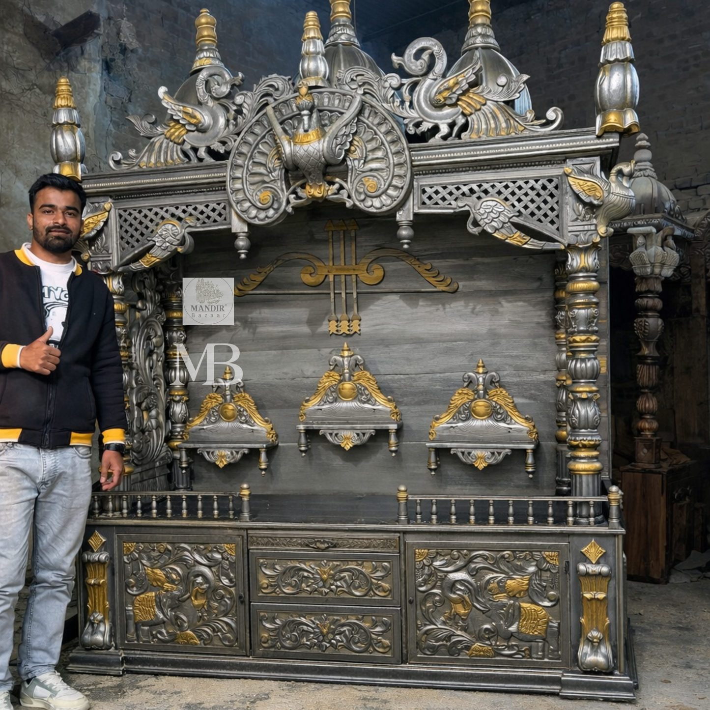 Luxury silver and gold hand carved wooden pooja mandir with ornate crown, decorative pillars, storage drawers and matching side cabinets