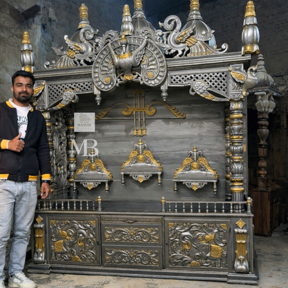 Luxury silver and gold hand carved wooden pooja mandir with ornate crown, decorative pillars, storage drawers and matching side cabinets