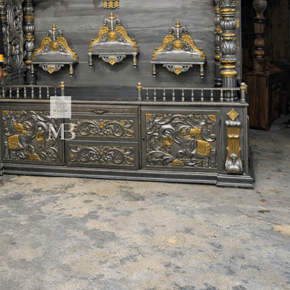 Luxury silver and gold hand carved wooden pooja mandir with ornate crown, decorative pillars, storage drawers and matching side cabinets