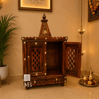 Handcrafted Hindu Temple with Doors, Drawer & Om Design