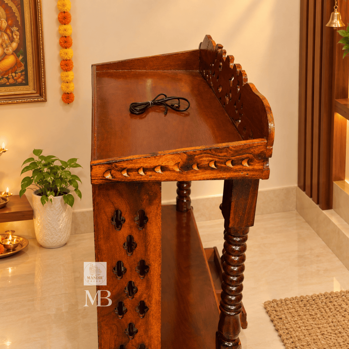Traditional Hindu Temple with Elephant Carving & Bells