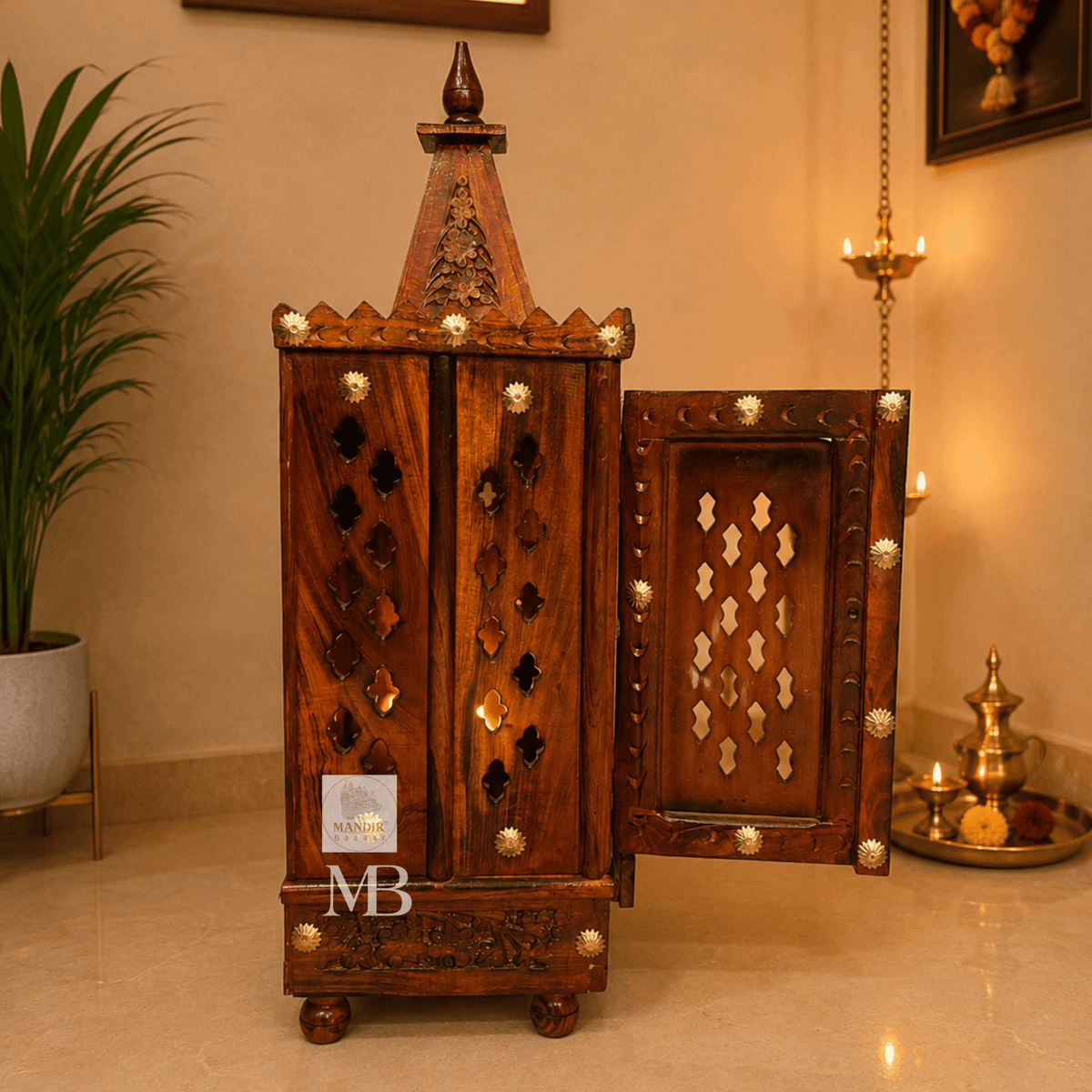 Handcrafted Hindu Temple with Doors, Drawer & Om Design