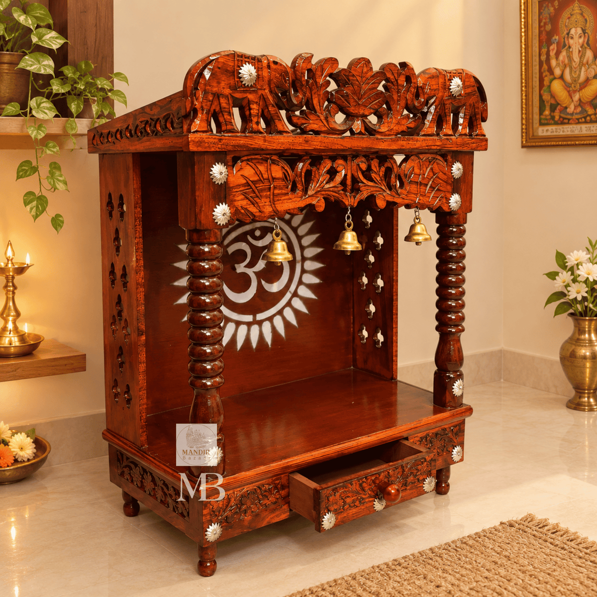 Traditional Hindu Temple with Elephant Carving & Bells