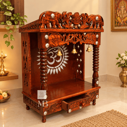 Traditional Hindu Temple with Elephant Carving & Bells