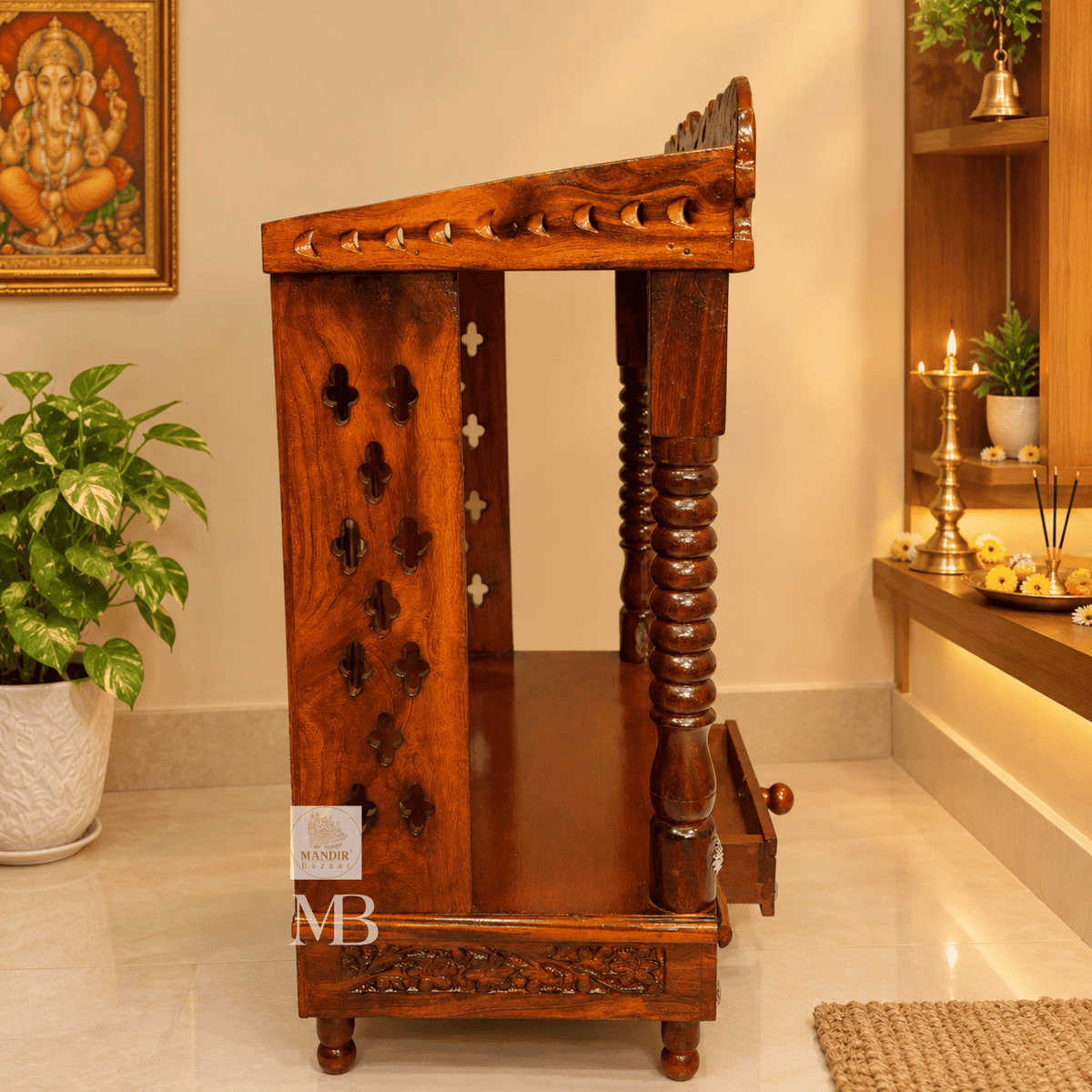 Traditional Hindu Temple with Elephant Carving & Bells