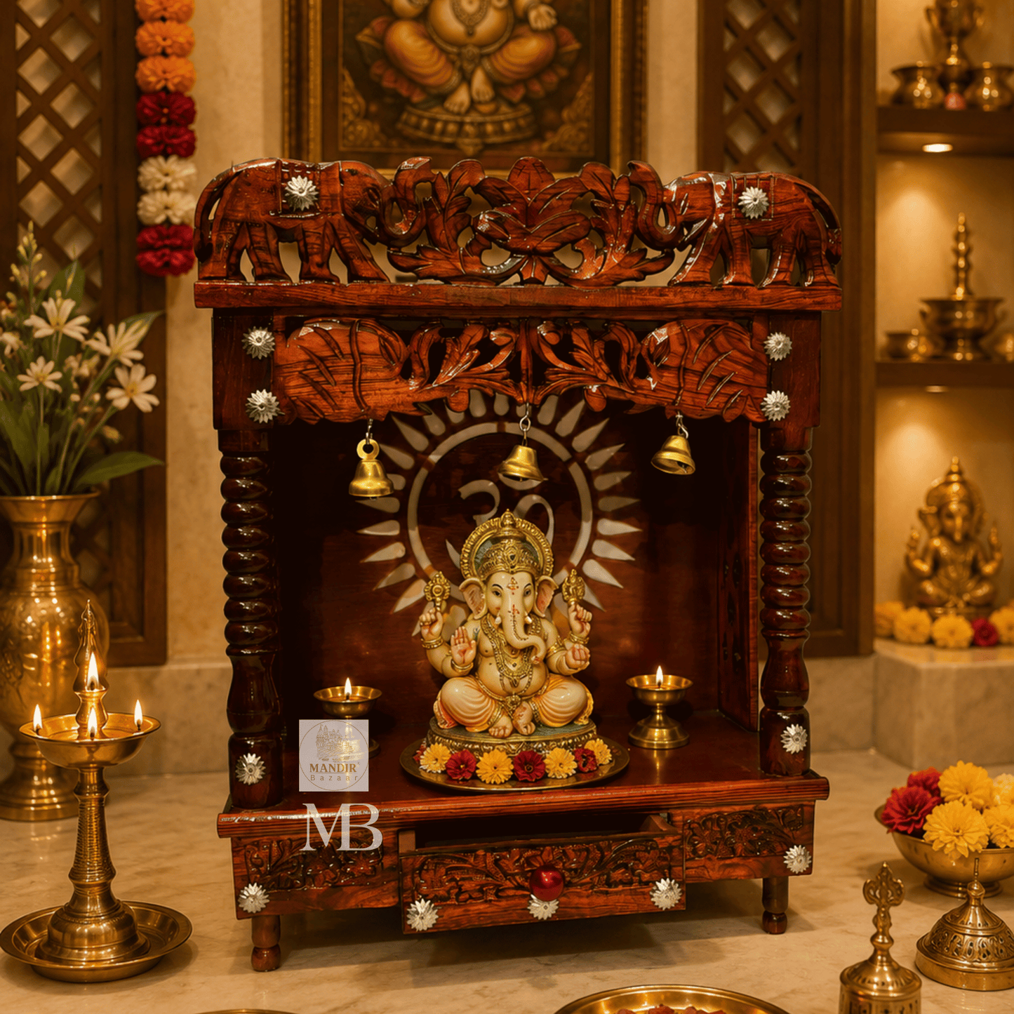 Handcrafted Wooden Temple for Home – Traditional Hindu Temple with Elephant Carving & Bells