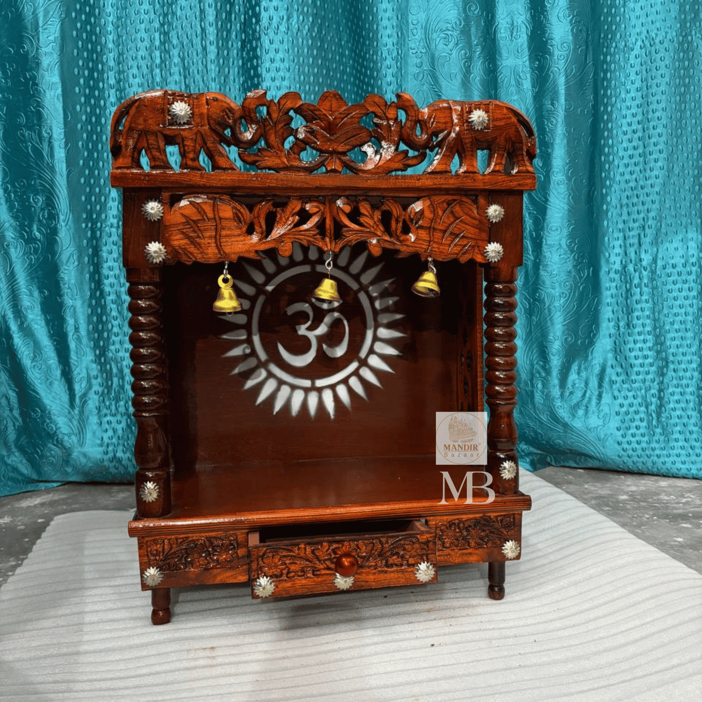 Handcrafted Wooden Temple for Home – Traditional Hindu Temple with Elephant Carving & Bells