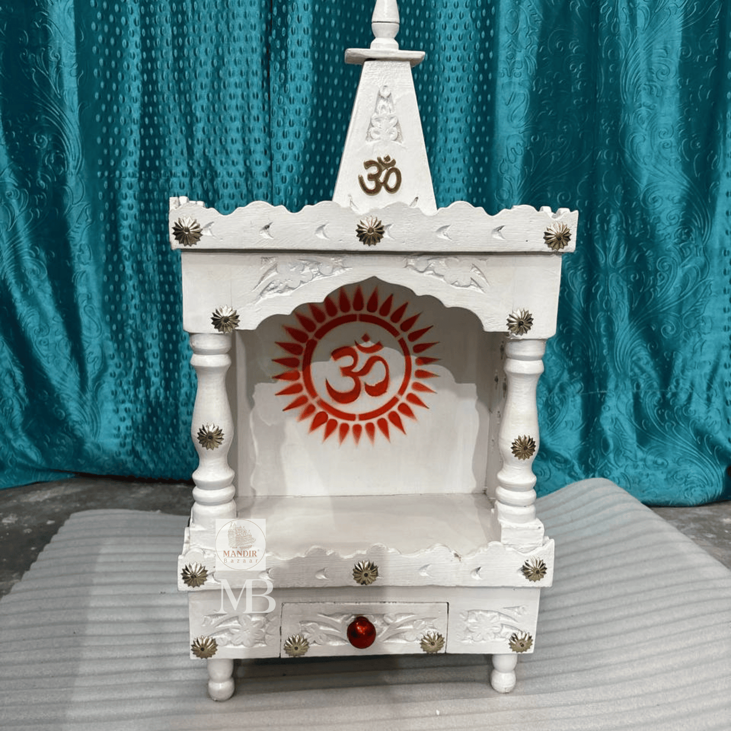 Small Handcrafted White Wooden Pooja Mandir for Home & Office – 30" Portable Temple with Drawer