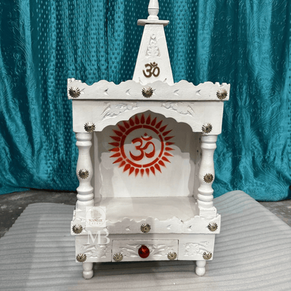 Small Handcrafted White Wooden Pooja Mandir for Home & Office – 30" Portable Temple with Drawer