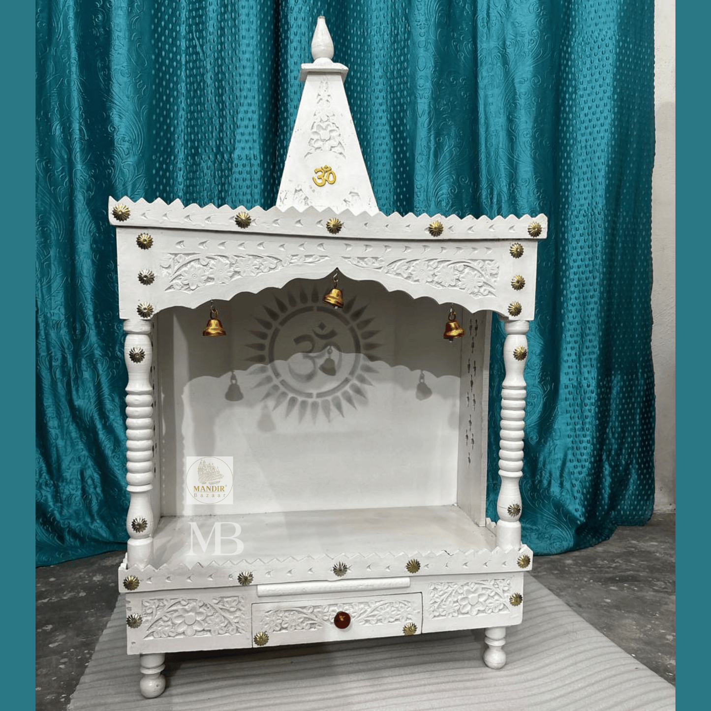 Handcrafted White Wooden Pooja Mandir for Home – 40" Decorative Temple with Drawer & Bells