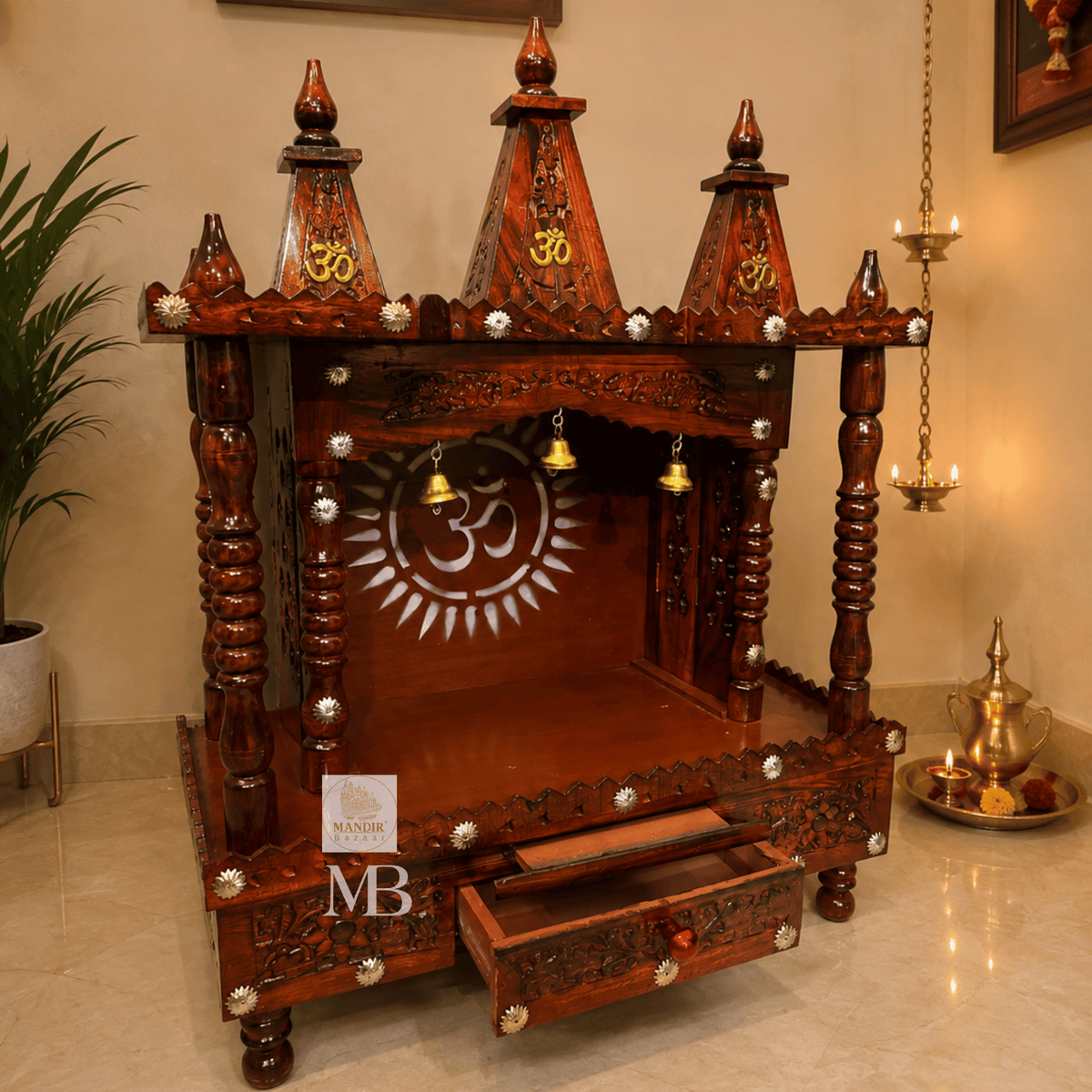 Handcrafted Wooden Temple for Home with Bells & Drawer - Traditional Teak Finish Mandir for Puja Room