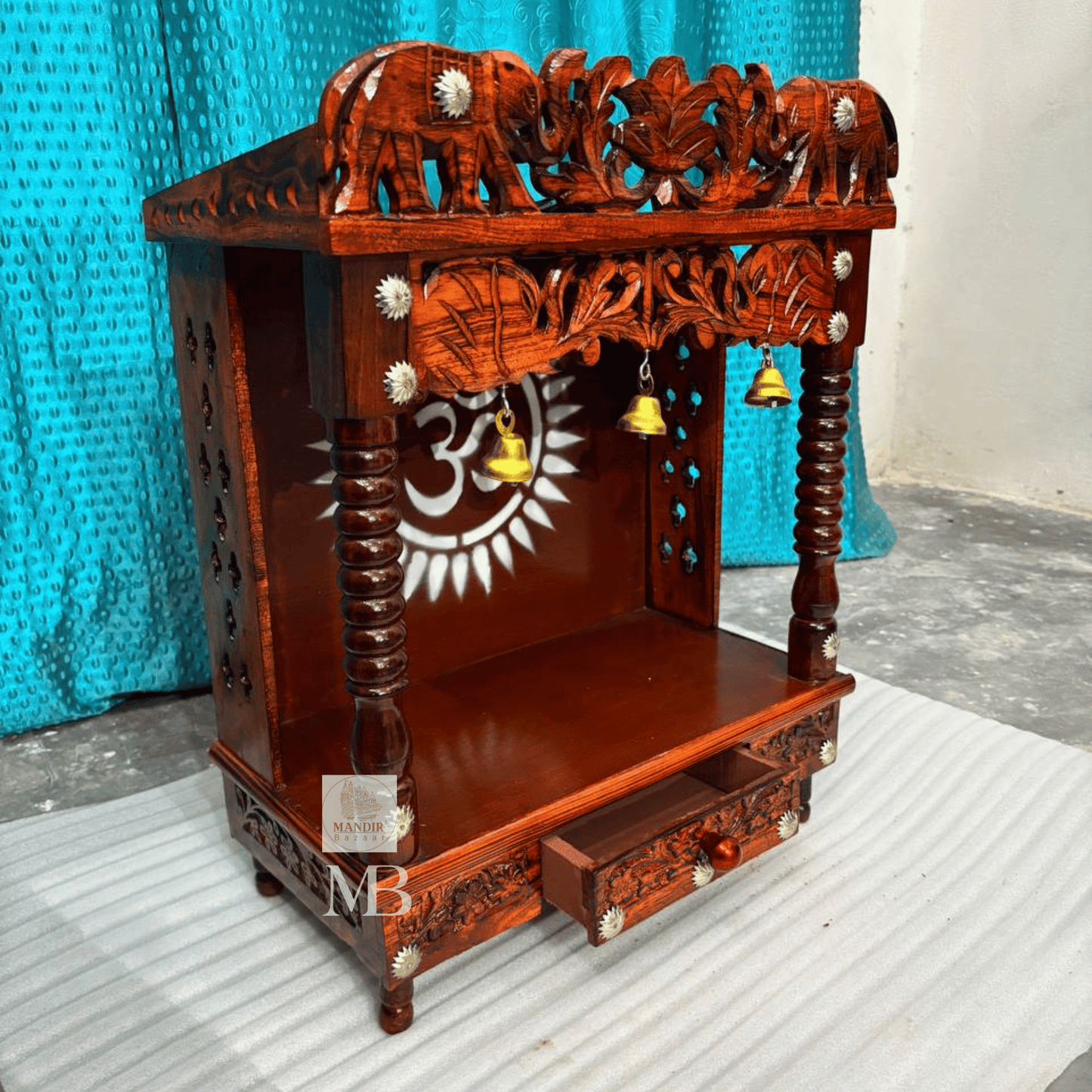 Handcrafted Wooden Temple for Home – Traditional Hindu Temple with Elephant Carving & Bells