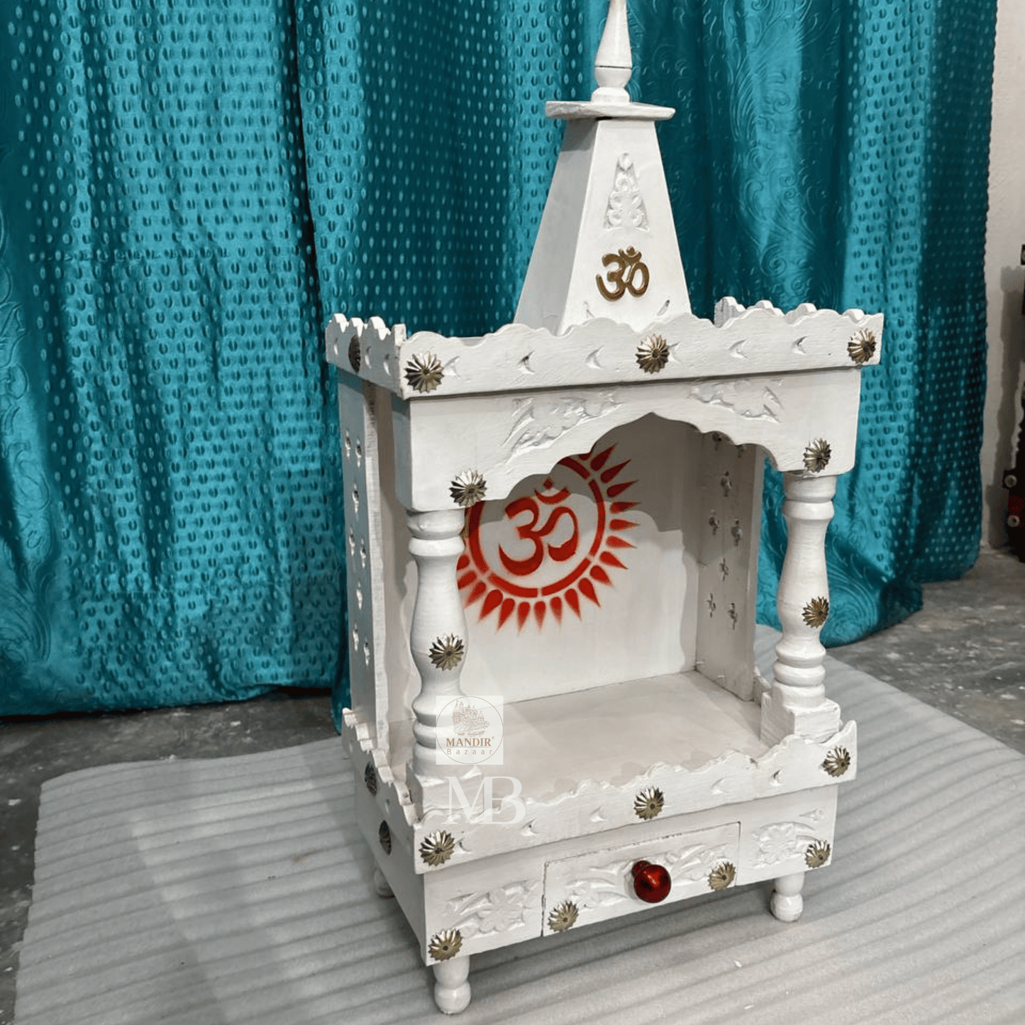 Small Handcrafted White Wooden Pooja Mandir for Home & Office – 30" Portable Temple with Drawer