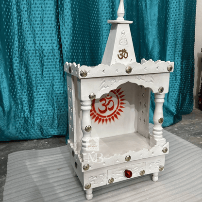Small Handcrafted White Wooden Pooja Mandir for Home & Office – 30" Portable Temple with Drawer
