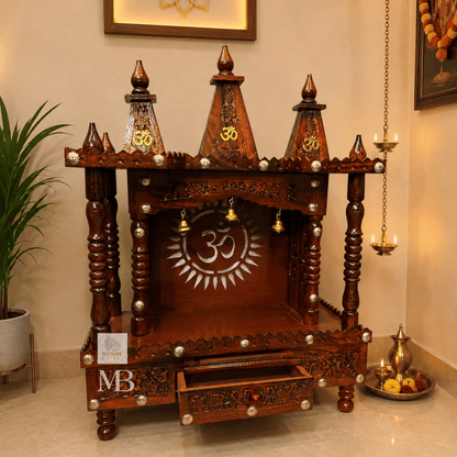 Handcrafted Wooden Temple for Home with Bells & Drawer - Traditional Teak Finish Mandir for Puja Room
