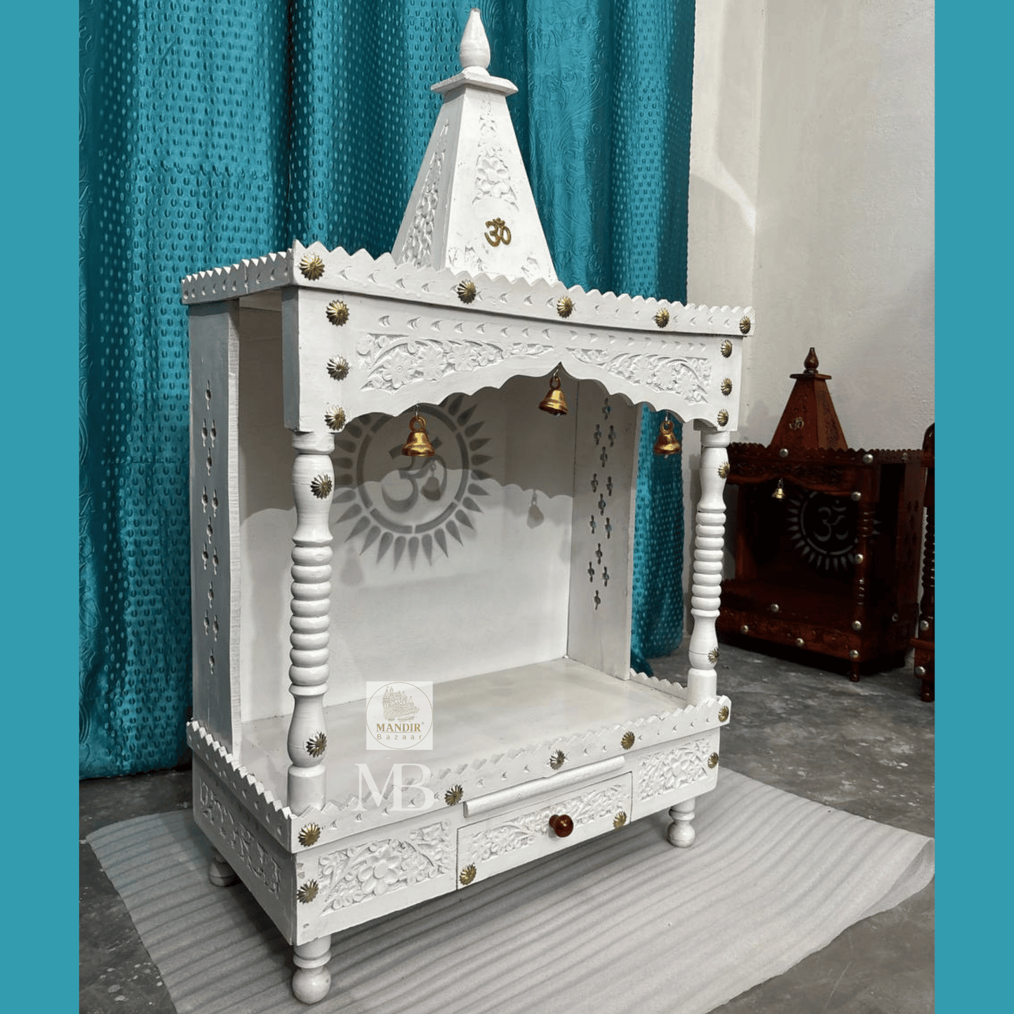 Handcrafted White Wooden Pooja Mandir for Home – 40" Decorative Temple with Drawer & Bells