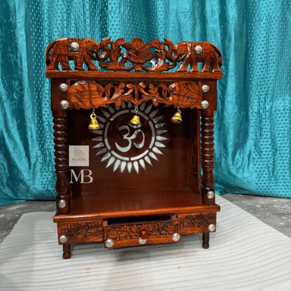 Handcrafted Wooden Temple for Home – Traditional Hindu Temple with Elephant Carving & Bells