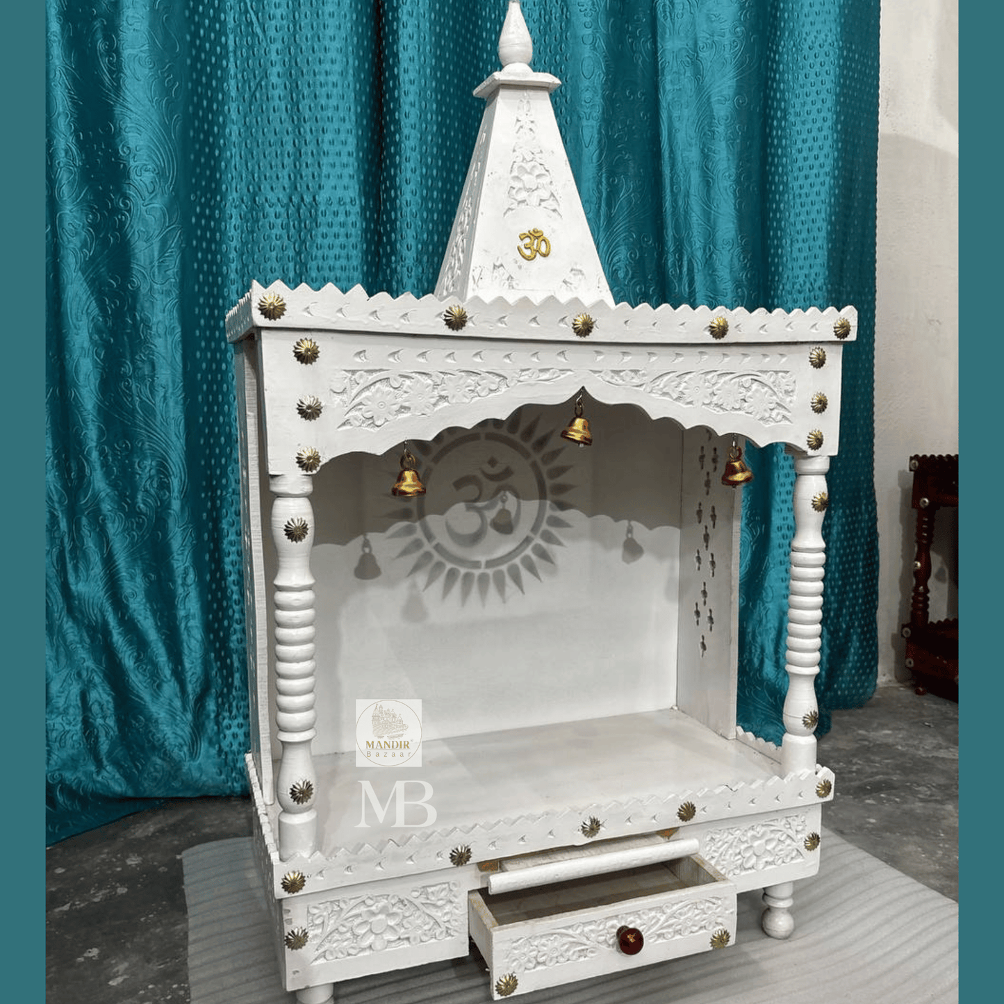 Handcrafted White Wooden Pooja Mandir for Home – 40" Decorative Temple with Drawer & Bells