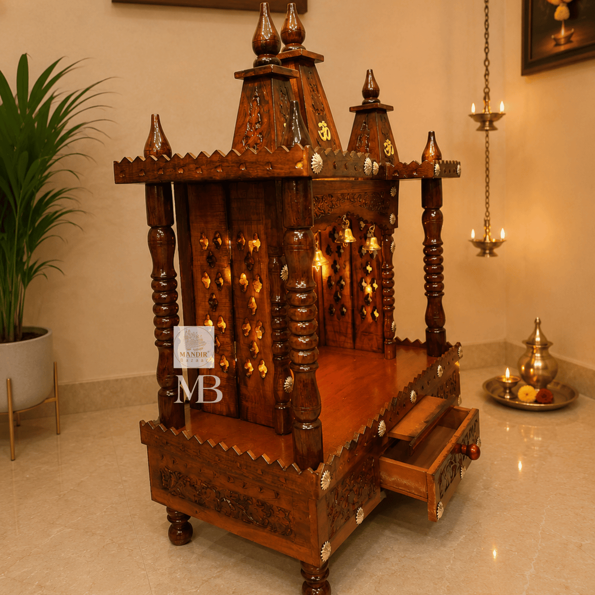 Handcrafted Wooden Temple for Home with Bells & Drawer - Traditional Teak Finish Mandir for Puja Room