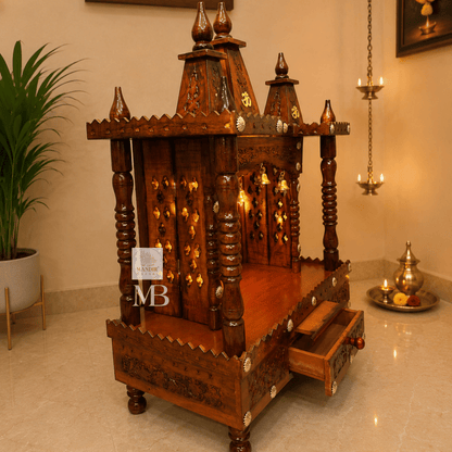 Handcrafted Wooden Temple for Home with Bells & Drawer - Traditional Teak Finish Mandir for Puja Room