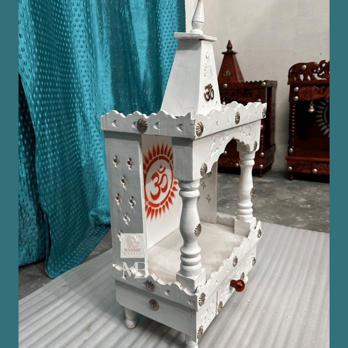 Small Handcrafted White Wooden Pooja Mandir for Home & Office – 30" Portable Temple with Drawer
