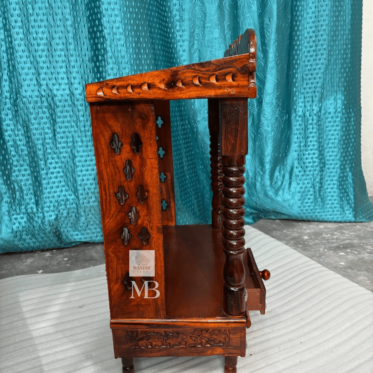Handcrafted Wooden Temple for Home – Traditional Hindu Temple with Elephant Carving & Bells