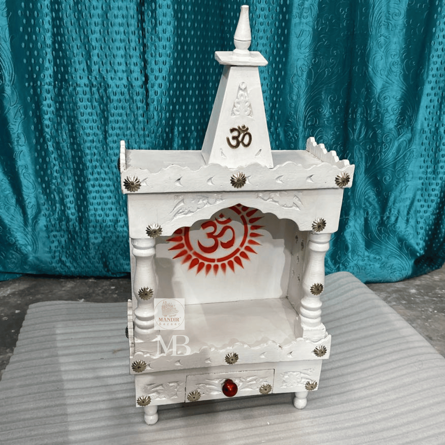 Small Handcrafted White Wooden Pooja Mandir for Home & Office – 30" Portable Temple with Drawer