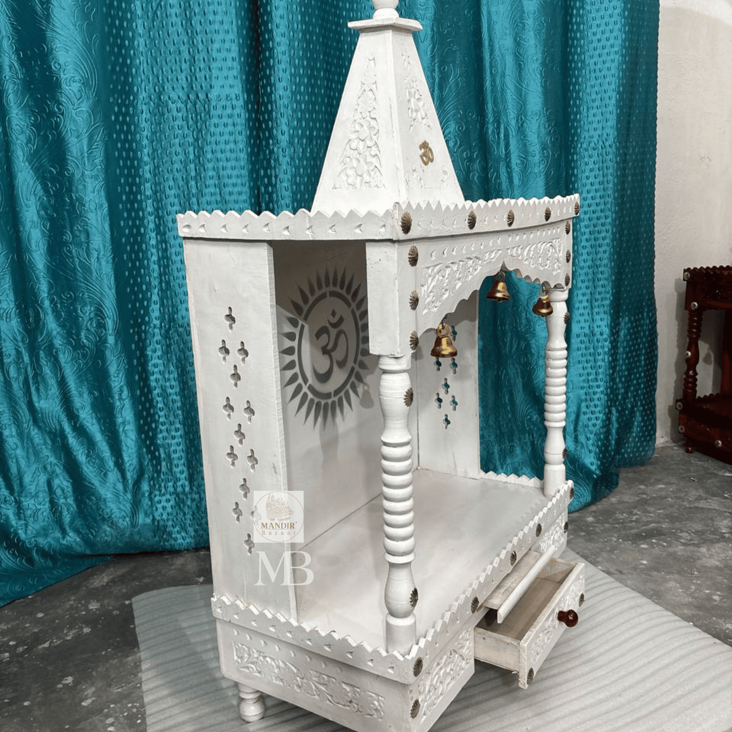 Handcrafted White Wooden Pooja Mandir for Home – 40" Decorative Temple with Drawer & Bells