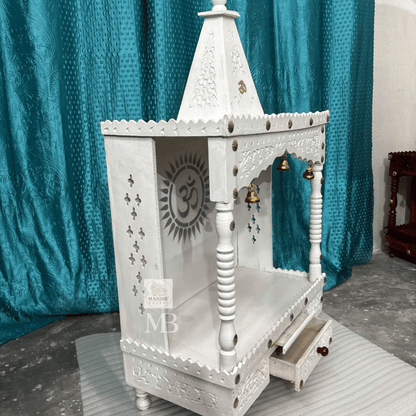 Handcrafted White Wooden Pooja Mandir for Home – 40" Decorative Temple with Drawer & Bells