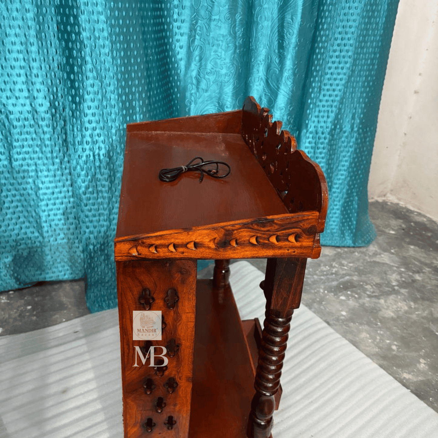 Handcrafted Wooden Temple for Home – Traditional Hindu Temple with Elephant Carving & Bells