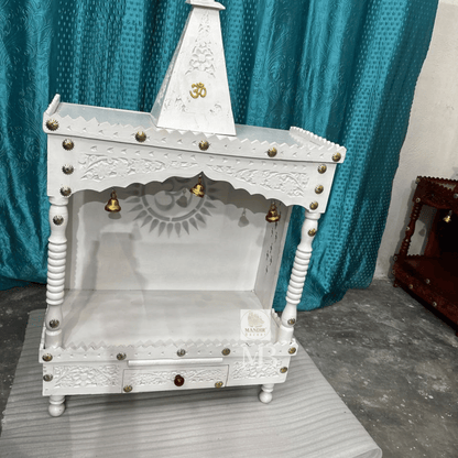 Handcrafted White Wooden Pooja Mandir for Home – 40" Decorative Temple with Drawer & Bells