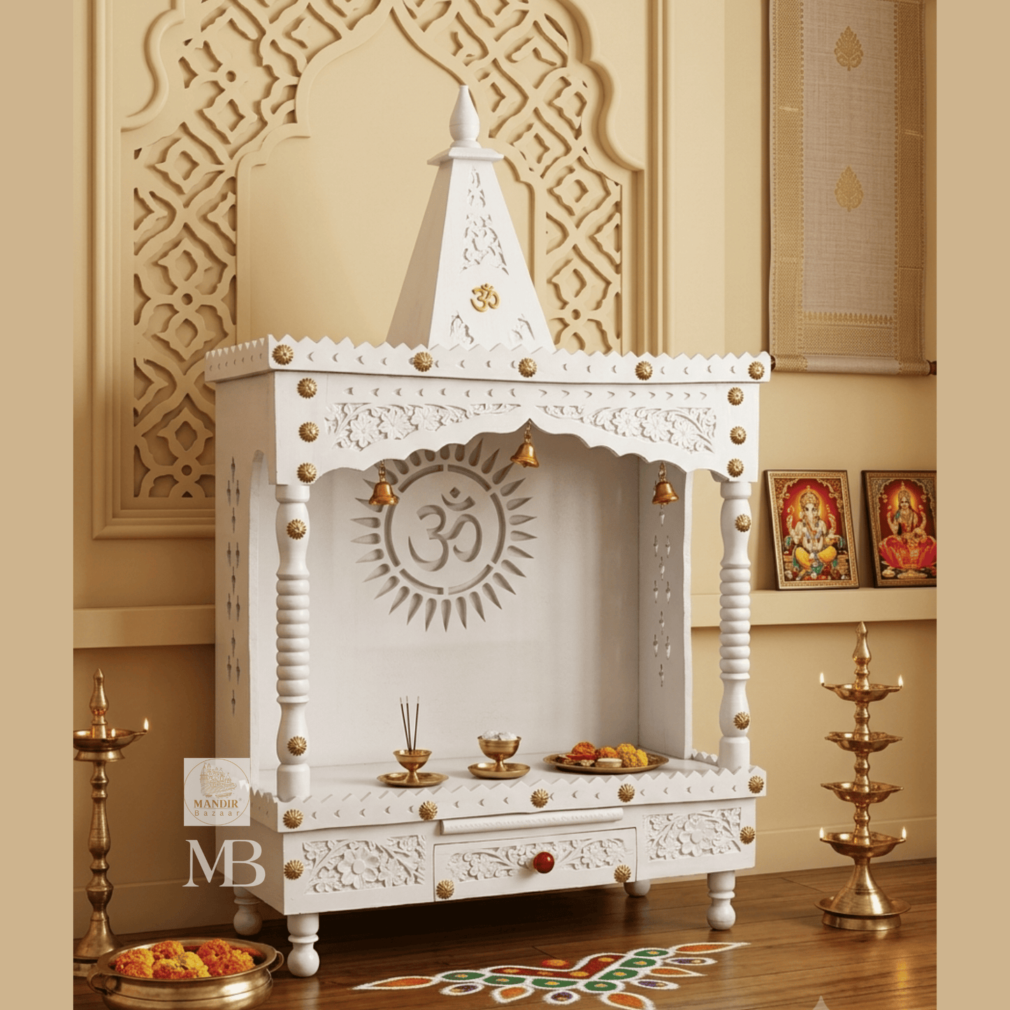 Handcrafted White Wooden Pooja Mandir for Home – 40" Decorative Temple with Drawer & Bells