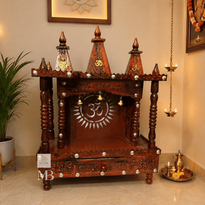 Handcrafted Wooden Temple for Home with Bells & Drawer - Traditional Teak Finish Mandir for Puja Room