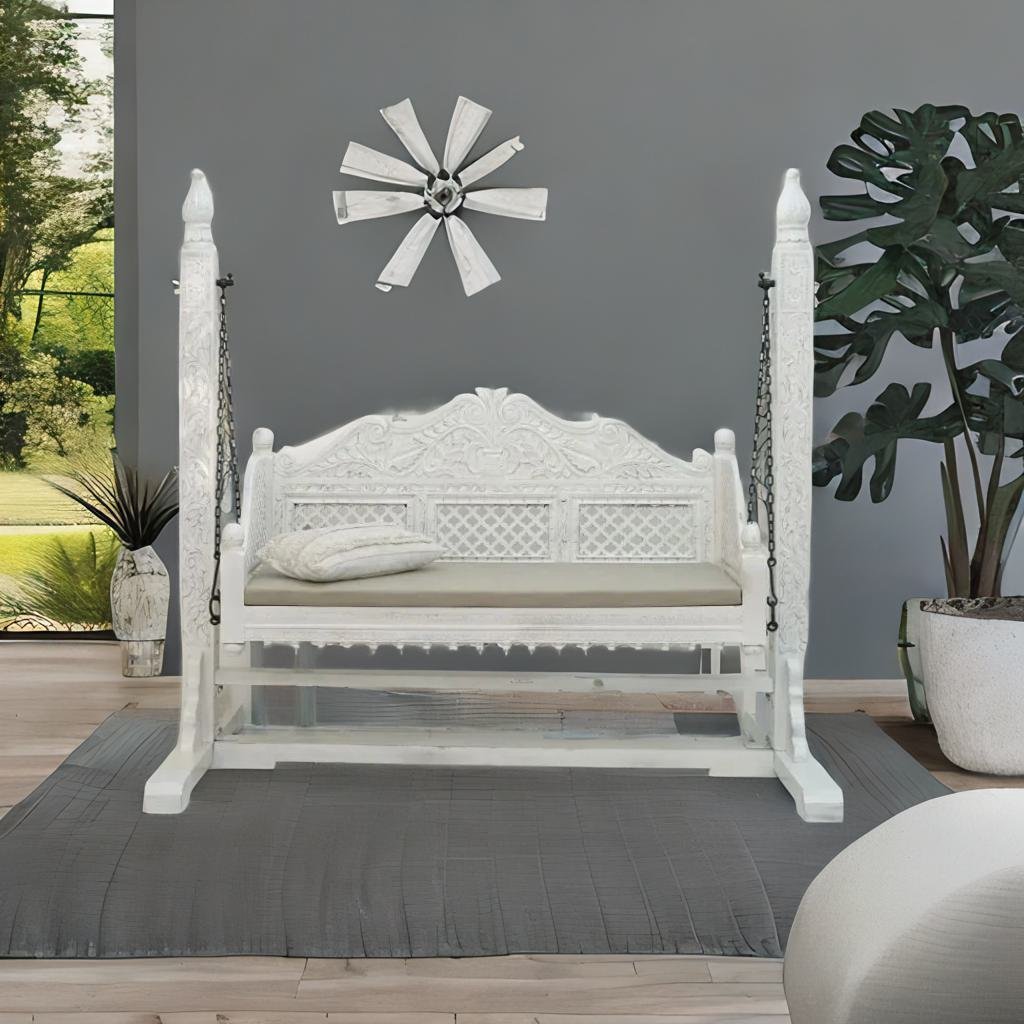 Solid Mango wood 2 seater swing chair in white finish