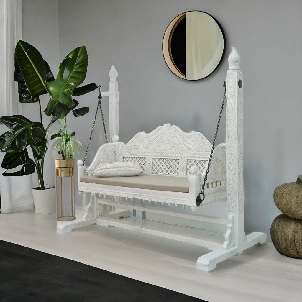 White Mango wood 2 seater wooden jhula for home