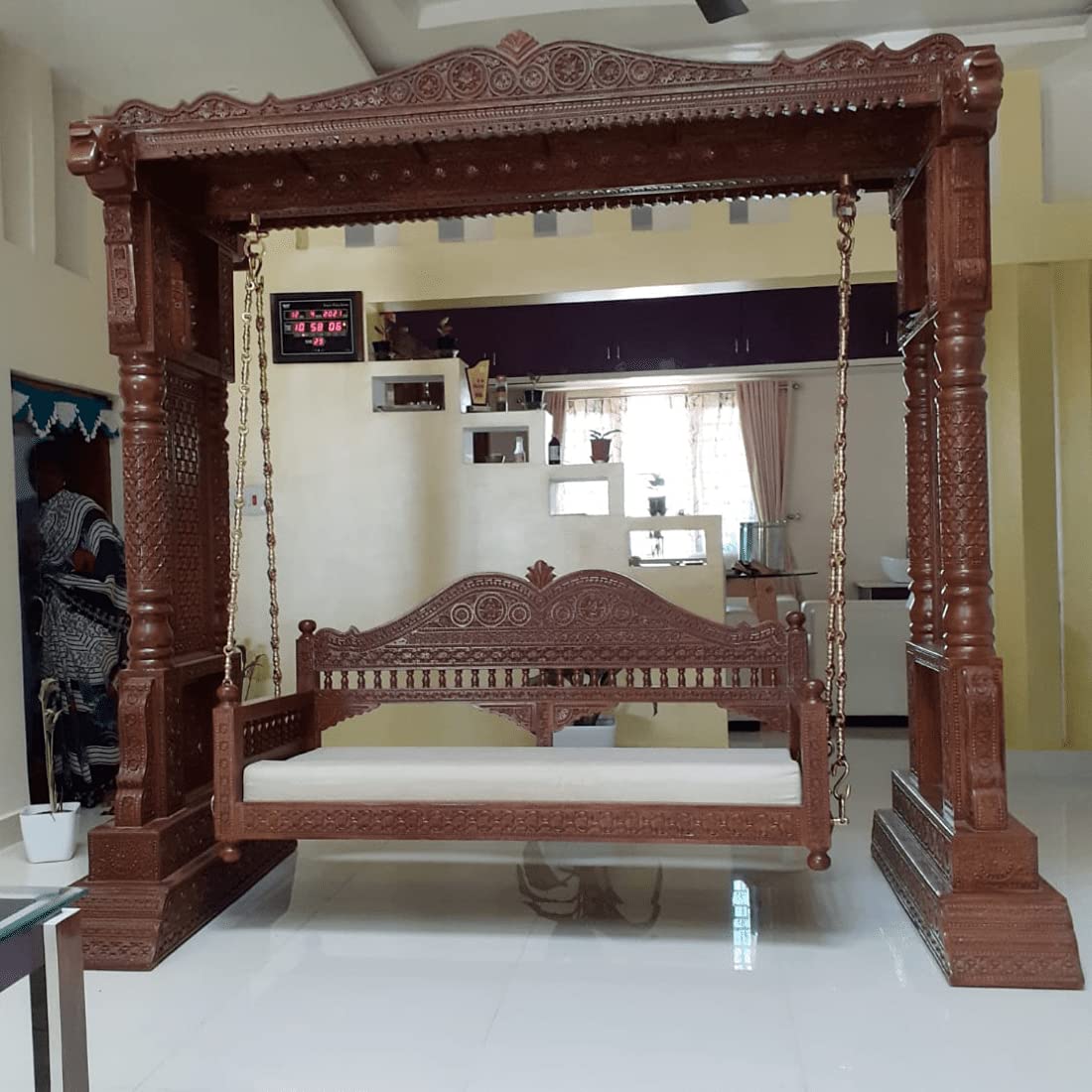 Solid teak wood swing with stand in walnut and honey finish