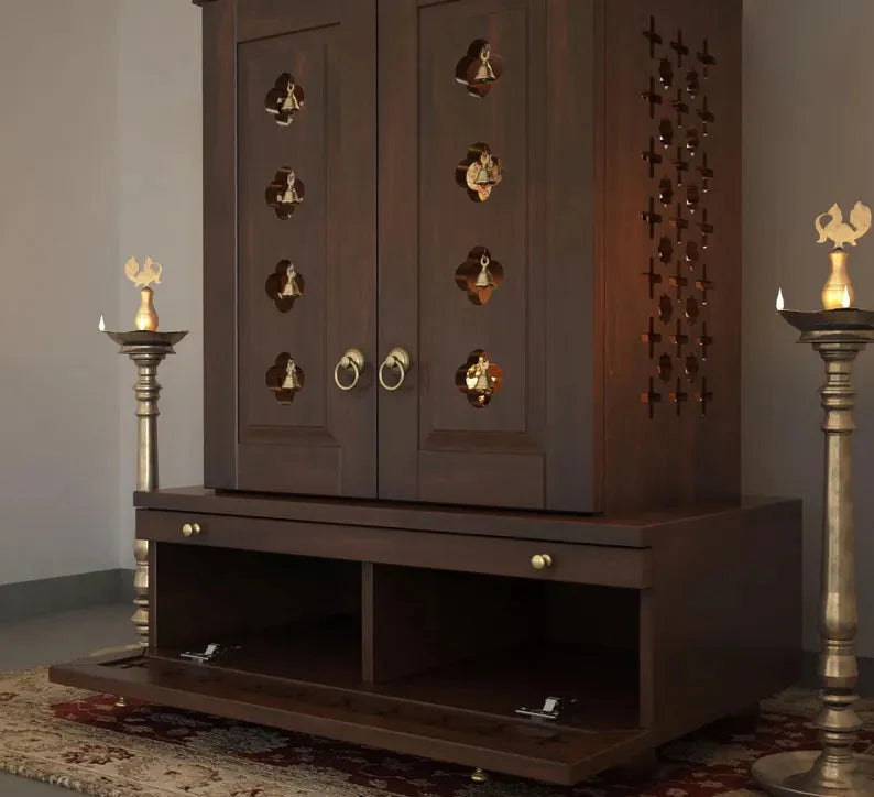 Wooden home temple with pull out storage tray and bottom cabinet