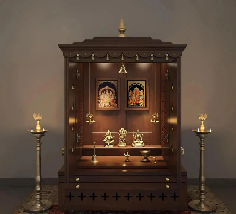 Wooden home temple with pull out storage tray and bottom cabinet
