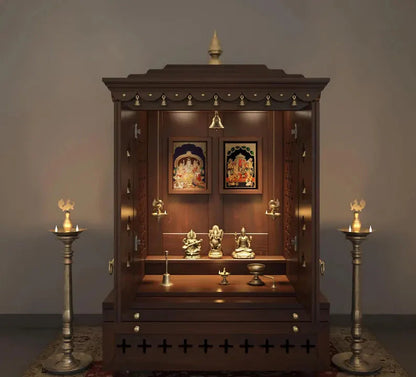 Wooden home temple with pull out storage tray and bottom cabinet