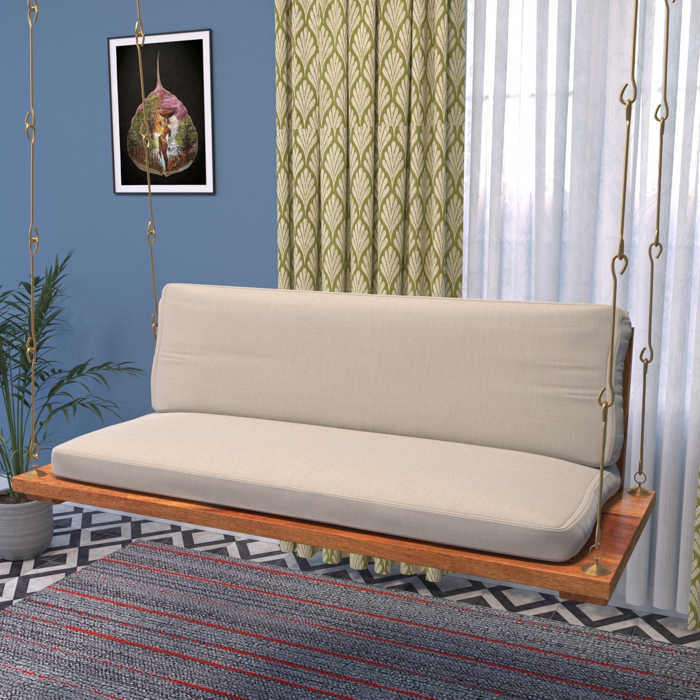 Sweden style wooden swing with soft velvet cushion for home