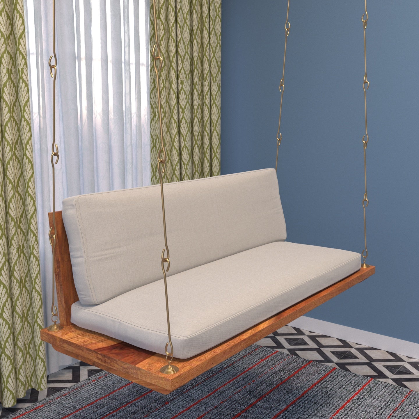 Scandinavian style wooden jhula with velvet upholstered seat