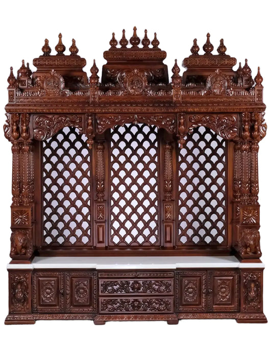 Super Large Size Designer Puja Temple with Multiple Drawers | Wood and Marble